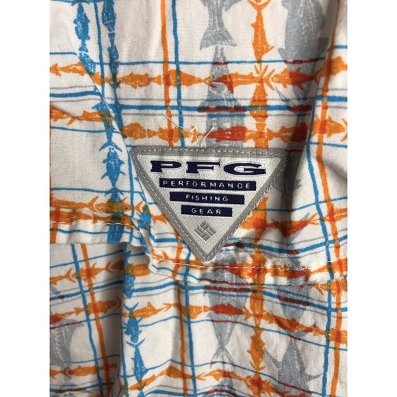 Columbia PFG Mens Small Orange Blue White Short Sleeve Button Fish Graphic Shirt - Picture 9 of 10